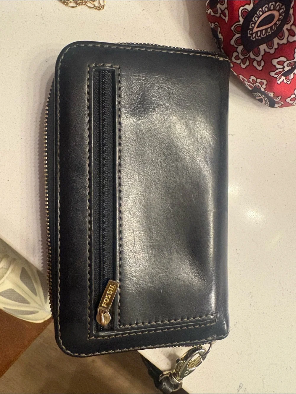 Fossil Black Zip Around Leather Card Holder wallet with wristlet strap